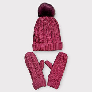 Lands End Pink Rasberry Pom Cable Knit Hat Mittens Set NWT Size S - M Womens